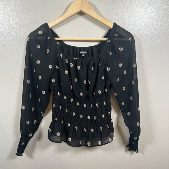 Madewell Georgette Square-Neck Smock-Waist Top Size XS Bloom Dot Floral Black - Picture 2 of 10